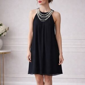 London Times Chic LBD Shift Dress with Attached Pearl and Chain Necklace